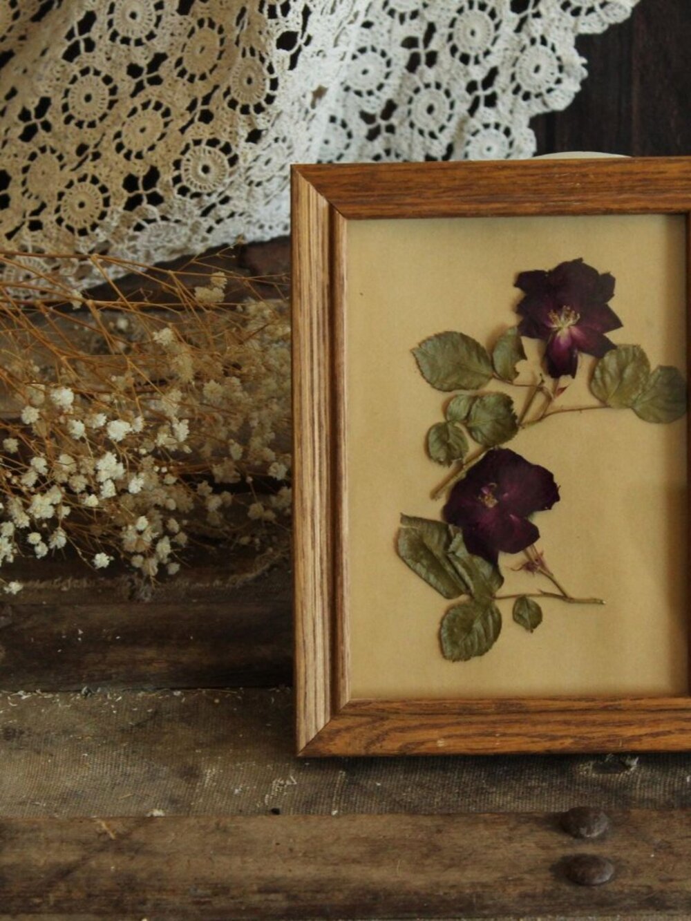 Framed Handmade Pressed Dried Flower, Roses in Vintage Wood Frame, Burgundy Home